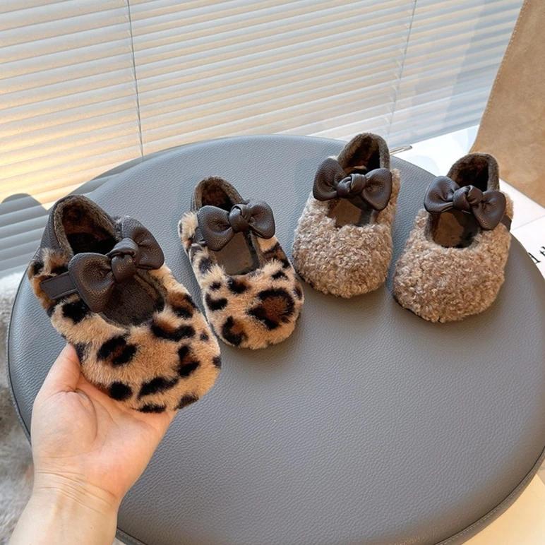 

2025 Baby Girls Winter Warm Plush Cotton Shoes Fashion Bow Cute Design Soft Sole Kids Casual Shoes 4-6 Years Childrens Sneakers