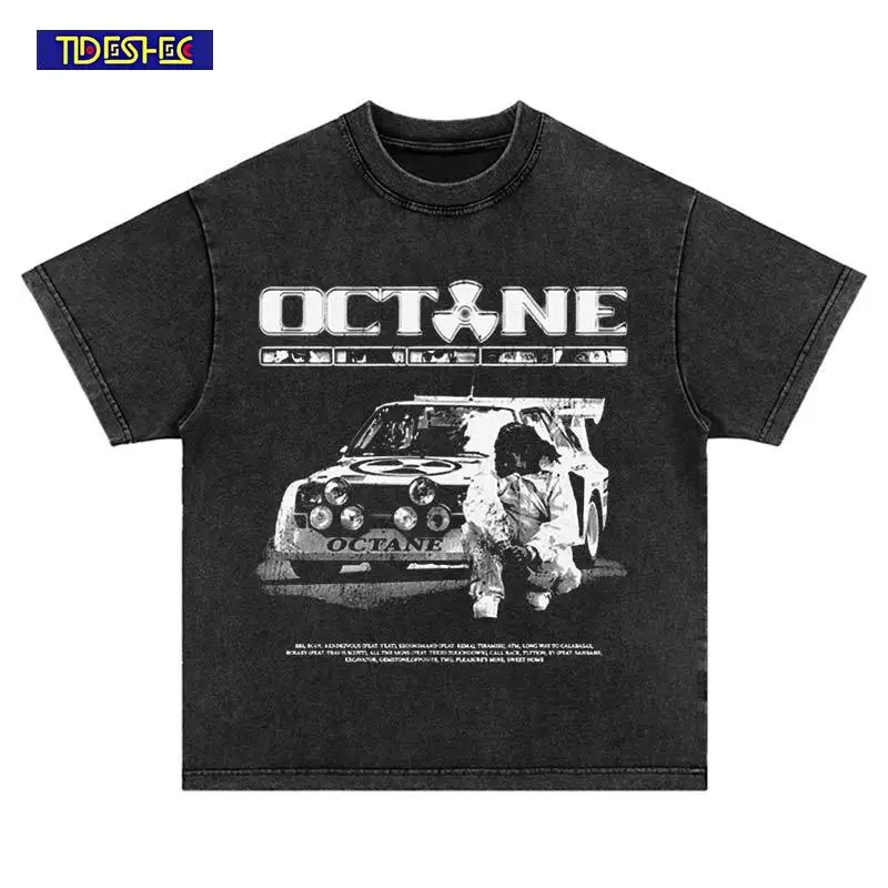 

Винтажная футболка 2026 года с эффектом потертости, в стиле хип-хоп, уличная мода, с коротким рукавом, с принтом автомобильного портрета, в стиле панк, харадзюку, оверсайз, свободный крой, из хлопка