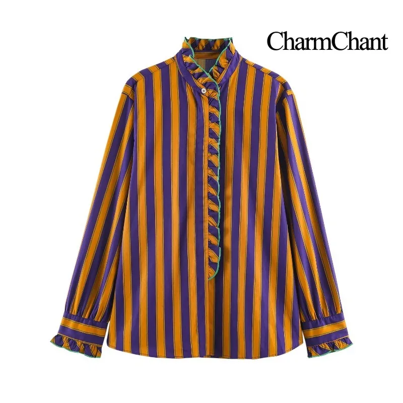 CHARMCHANT Women's Striped Shirt Ruffle Stand Collar Long Sleeve Loose Blouse Elegant Office Daily Street Casual 2026 Autumn