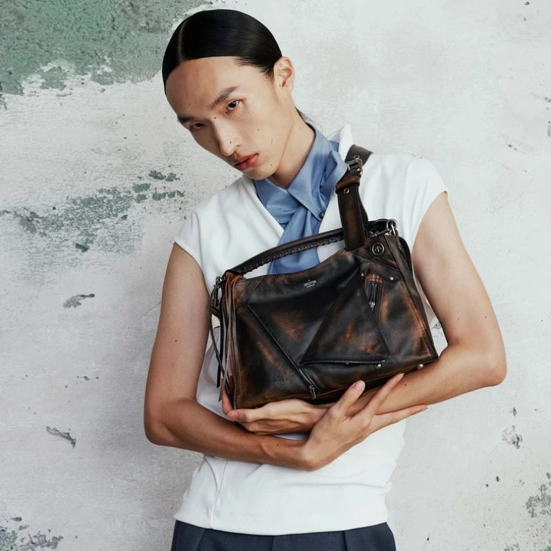 GROTTO 2025 Lapel Bag Smoked Wood Brown Retro Leather-Textured Large-Capacity Commuter Tote/Shoulder/Crossbody Bag