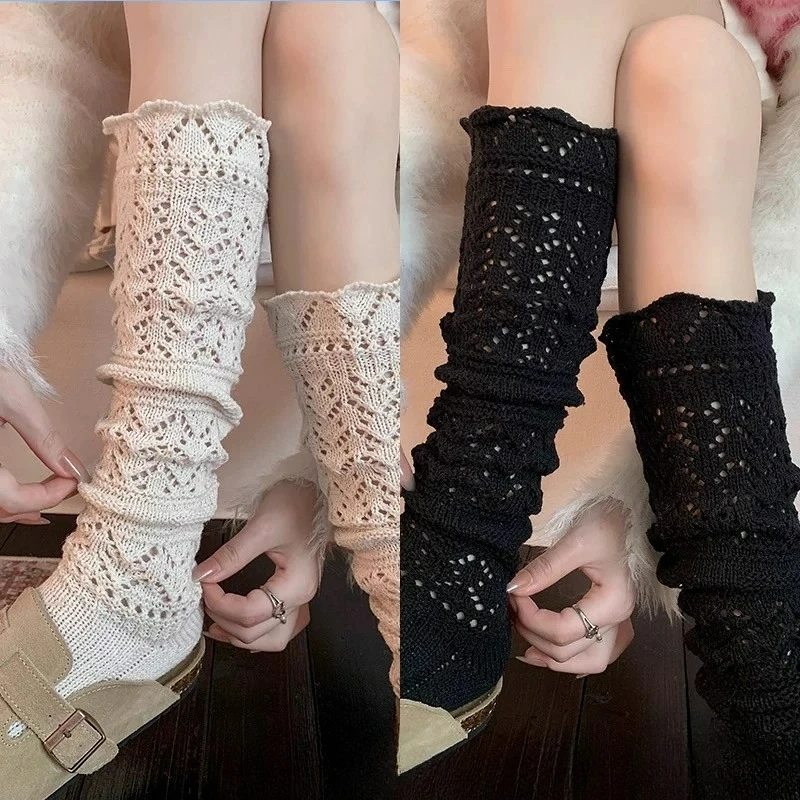 3pairs Autumn Winter Cotton Knitted Mid-Calf Socks Hollow Fashion Cozy Leg Socks Cover for Women Girls Home Wear Long Stocking