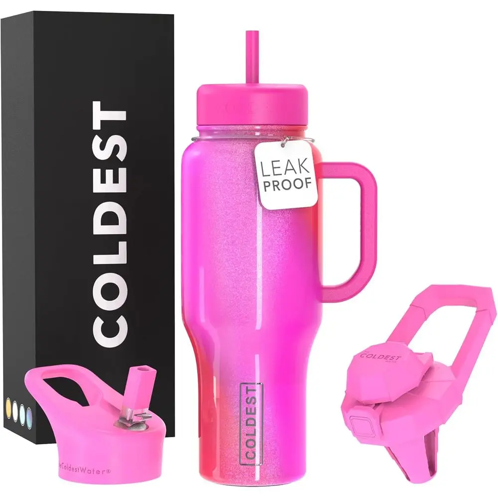 

36 oz Insulated Stainless Steel Tumbler with Handle and Straw - Leakproof, Spill-Proof, 3 Lids