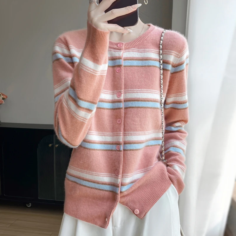 Cardigan en laine pure 100 % pour femme, col rond, color-block, nouvelle veste en laine rayée ajustée pour l'automne/hiver