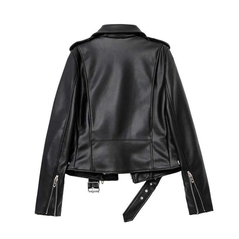 RARF Spring and Autumn 2024 New faux leather PU jacket with belt women\'s lapel motorcycle jacket black zip biker jacket