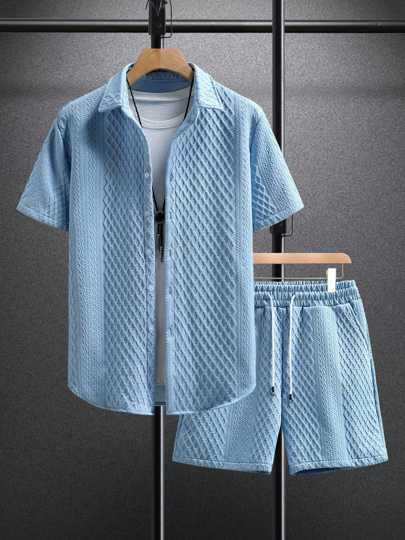 Summer New Men's Casual White Sportswear Shirt with A Lapel Men's Short-sleeved Button Shirt and Shorts Jacquard Texture Suit view 2