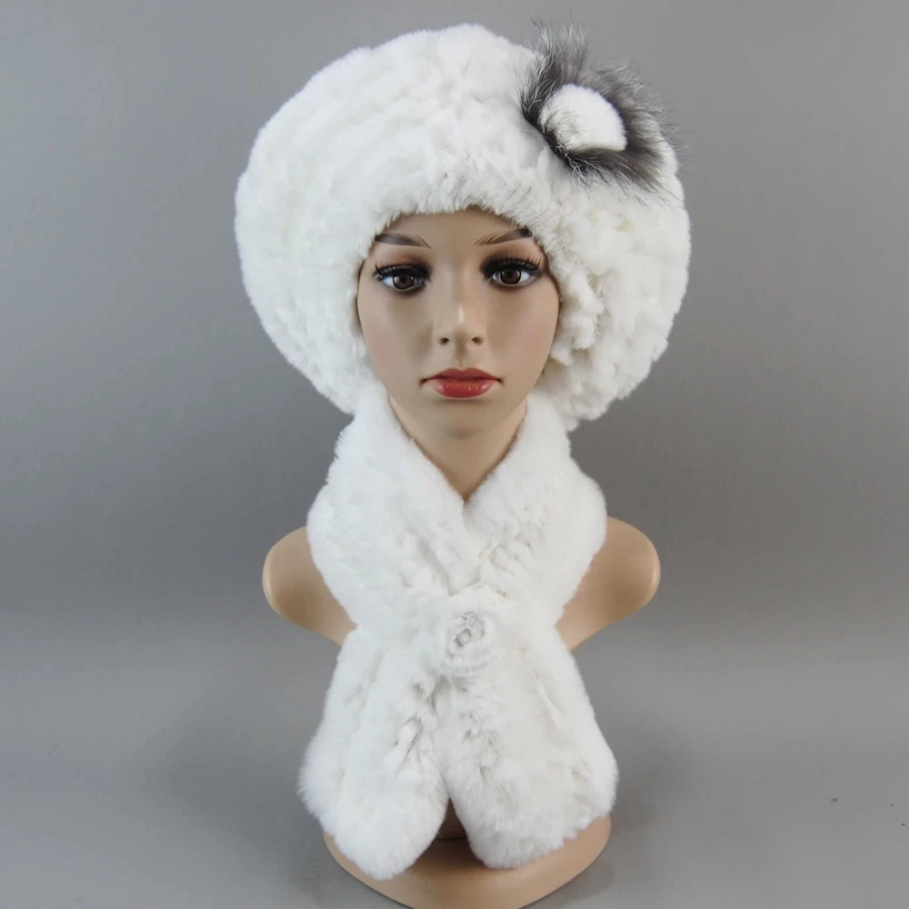 Russia Winter Rex Rabbit Fur Hats Scarves Women Fashion 100% Genuine Knit Fur Caps Scarves Sets Lady Warm Real Fur Hat Muffler