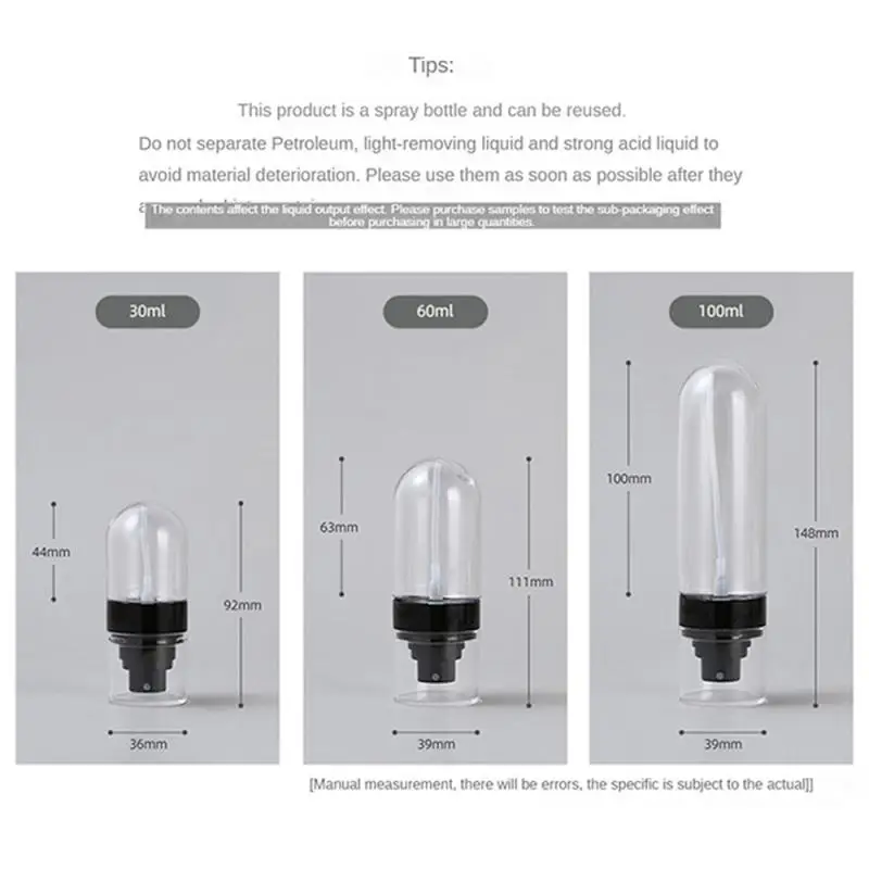 휴대용 리필 가능한 미세 미스트 스프레이 병, 빈 화장품 용기 스프레이 무화기, 미니 병, 여행 액세서리, 30 ml, 100ml