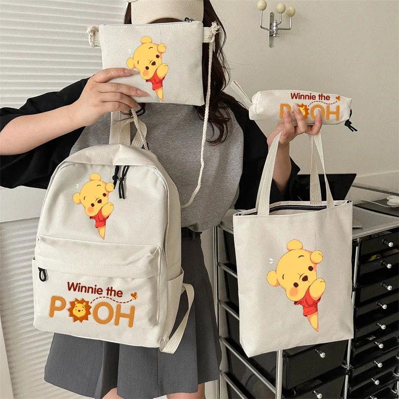 Cute Winnie The Pooh Women\'s Bags Backpack Comestic Storage Bags Shopping Bag Pencil Case 4 Pcs/Set Large Capacaity Travel Bag