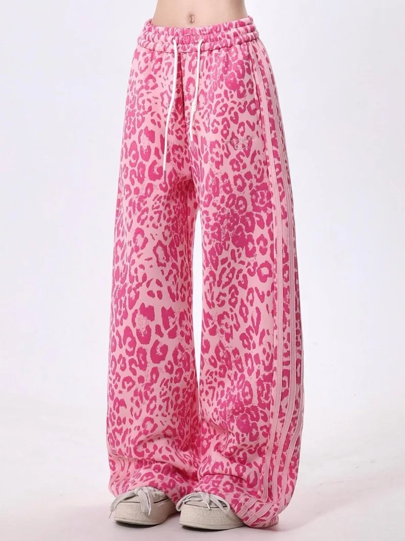

Fashion Winter Pink Leopard Print Casual Pants Women's New Style with Plush Loose Pants Trend Female Clothing