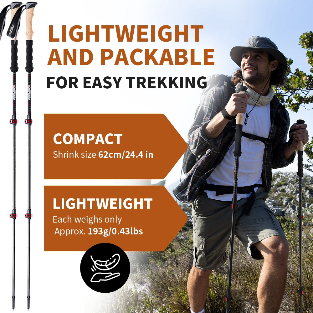 Naturehike Trekking Poles 2pcs Carbon Fiber Collapsible Telescopic Outdoor Camp Hiking Climbing Stick Lightweight Walking Stick