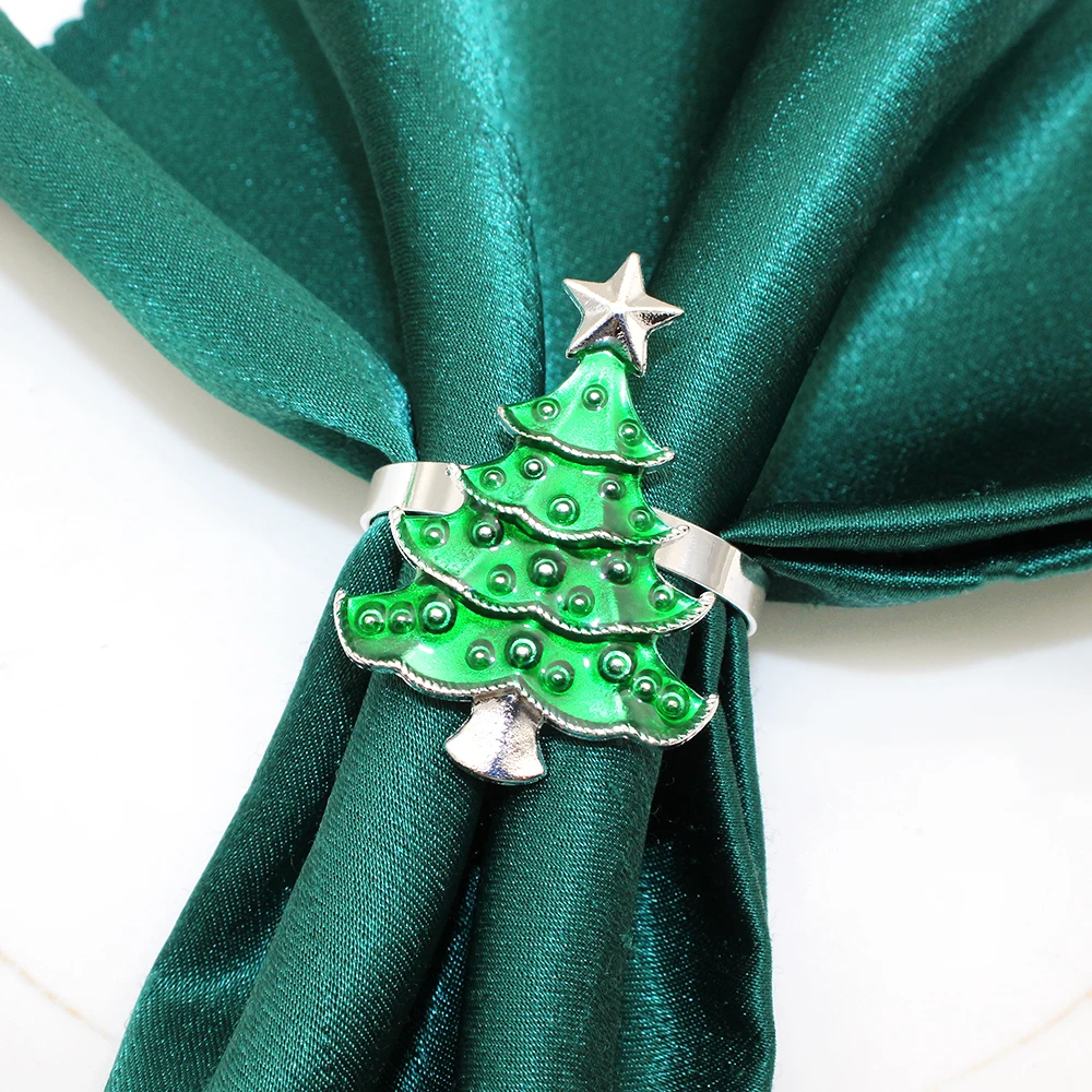 8Pcs Silver Christmas Tree Napkin Rings Rustic Napkin Holder Green Serviette Buckles for Xmas Wedding Party Dinner Table Decor