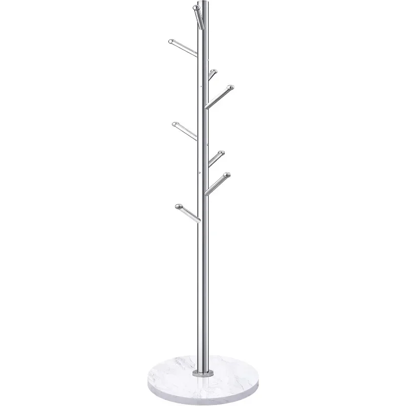 

Metal Coat Rack Stand with Natural Marble Base, Stainless Steel Freestanding Coat Tree Hanger with 8 Hooks, Hall Tree