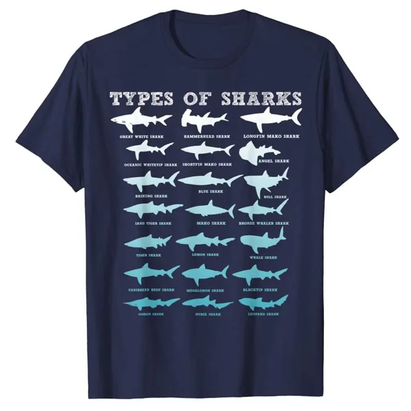 21 Types of Sharks Marine Biology T-Shirt Shark Lover Cute Graphic Tee Tops Gift for Son Short Sleeve Outfit Geeks Nerds Apparel