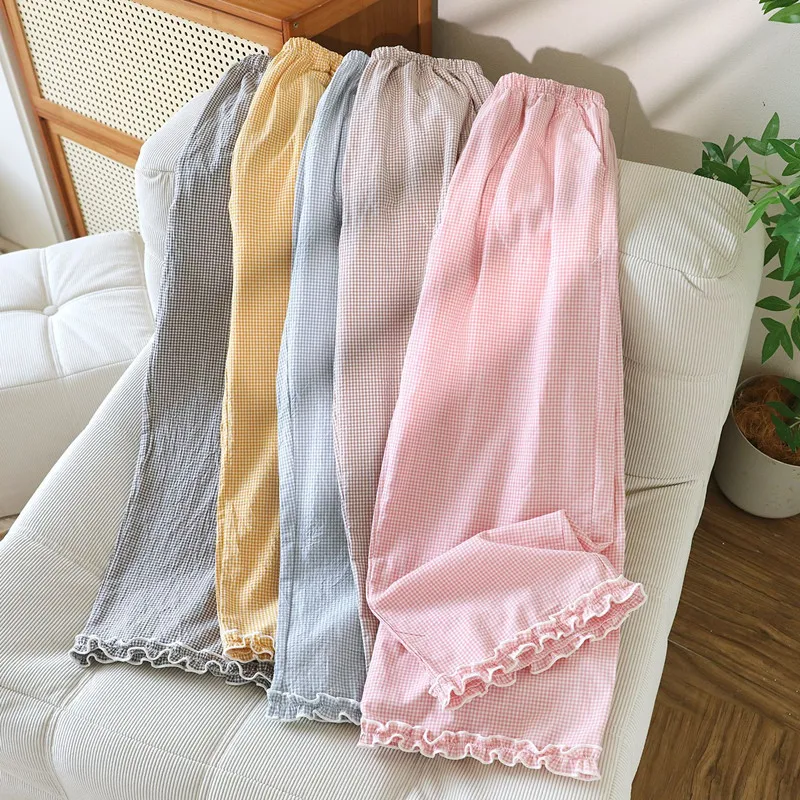 Spring Summer Pajamas Pant New Fashion Plaid 100% Cotton Sleepwear Home Wear Bottoms Pant Casual Women Nightwear Trousers