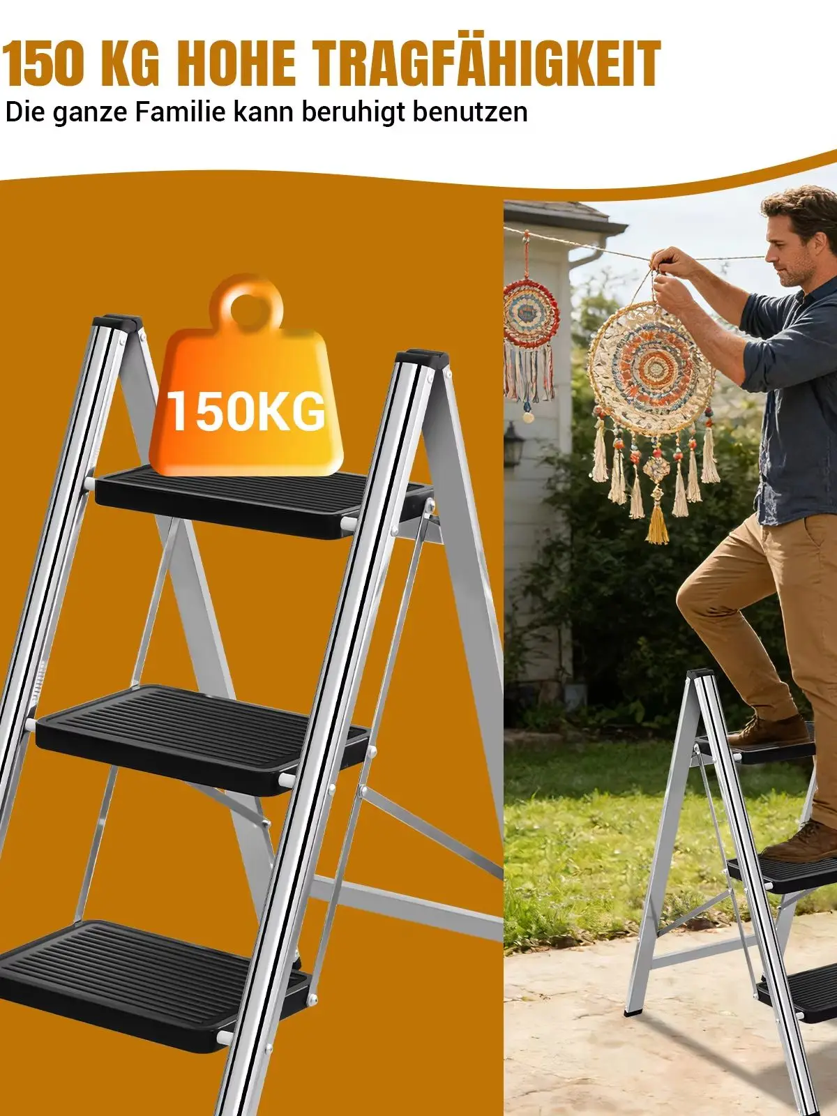 Dreiteilige Klappleiter mit rutschfesten Stufen, Tragkraft 150 kg, breite Stufen – Klappleiter, Haushaltsleiter, Mehrzweckleiter