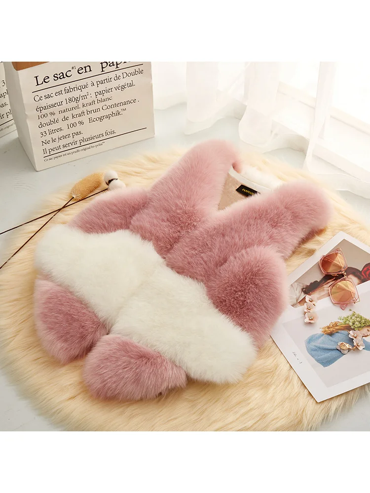 French Cute Girl Winter Fluffy Soft Sleeveless Faux Fur Pink White Patchwork Sweet Fresh Smooth Comfortable Minimalist Outerwear