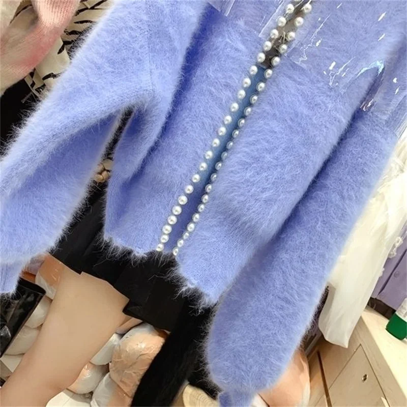 2026 Autumn Winter New Fashion Ladies Pearl Knit Lantern Sleeves Imitation Mink Fleece Sweater Cardigan Jacket Women Outerwear