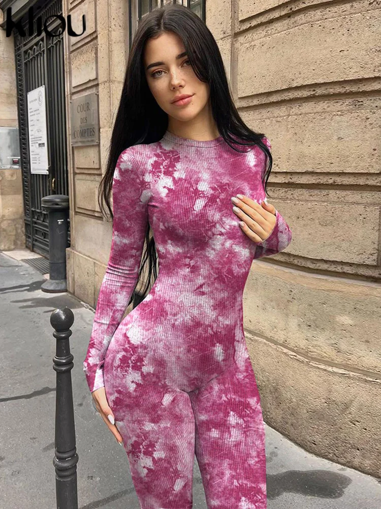 kliou Tie Dye Women Jumpsuits Fashion Autumn Stunning Full Sleeve Back Zip-up Skinny Overalls Mujer Classic Streetwear One Piece