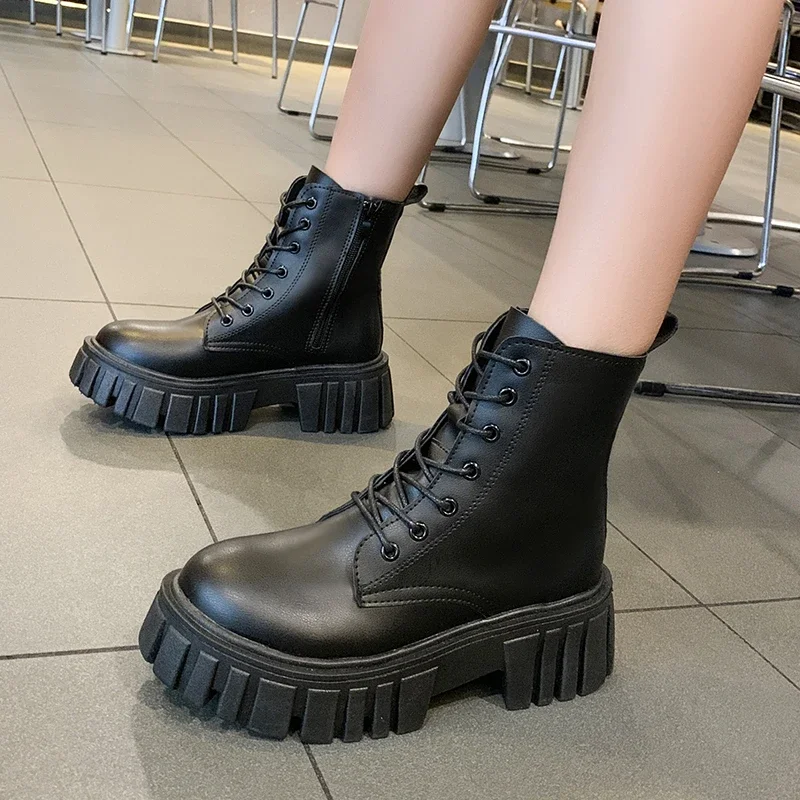 New Lace-up Short Women Ankle Boots Leather Autumn Winter Short Boots Thick Heels Round Toe Shoes Woman Mature Basic Office Lady