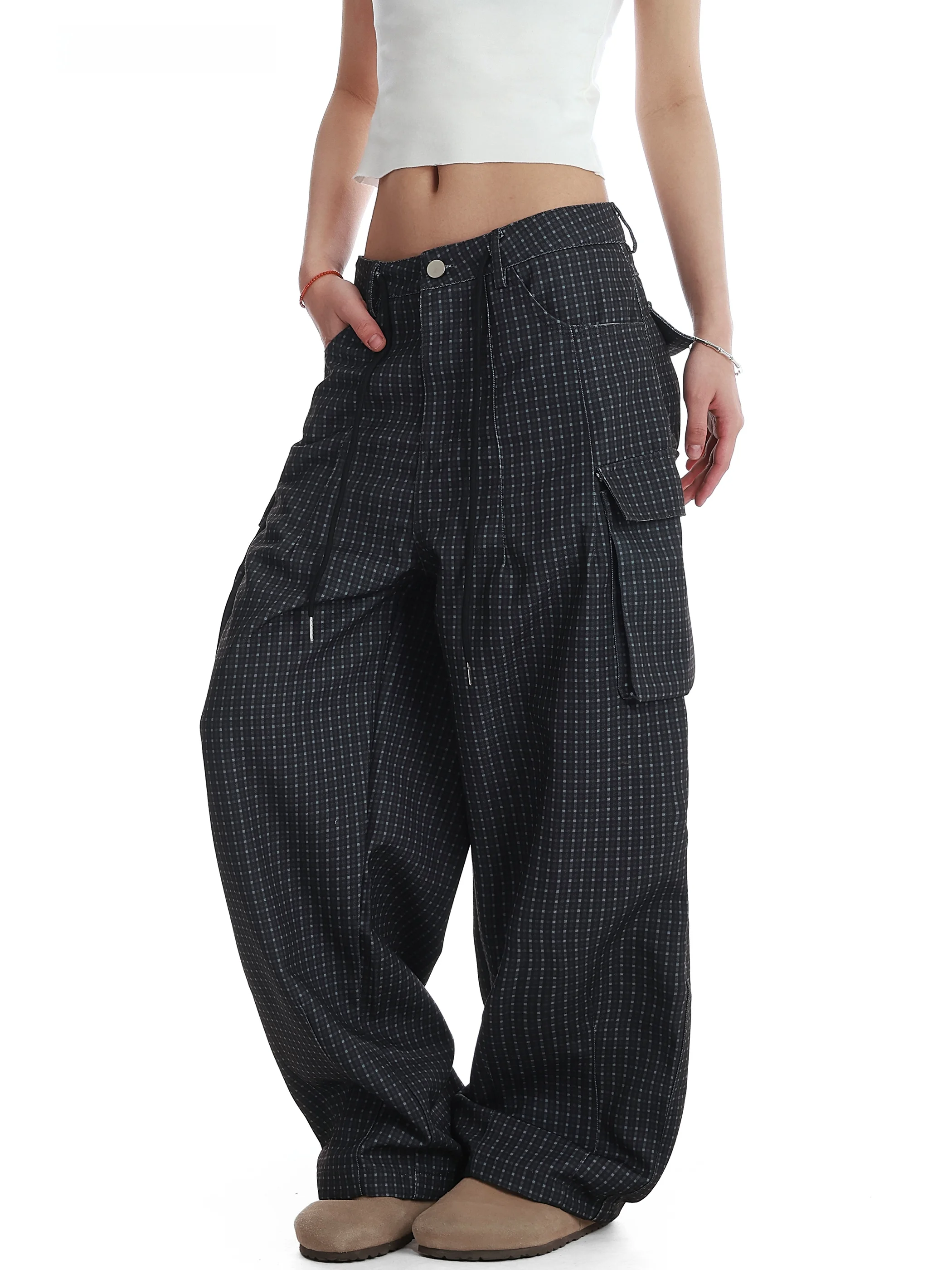 

Винтажные американские повседневные рабочие брюки: модные, для путешествий и походов, с большими карманами, прямые, в клетку, свободные, универсальные, женские