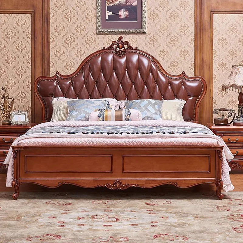 European leather double bed American solid wood carving flower head layer luxury couple light luxury master bedroom marriage bed