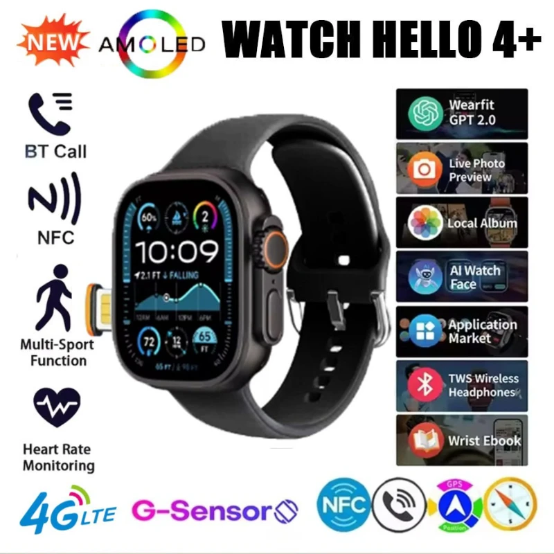 

Hello Watch 4 Plus 4G обеспечивает ОС Android, точные GPS-карты Приложения Google Play, шагомер потоковой передачи YouTube, трекер сна, слот для SIM-карты