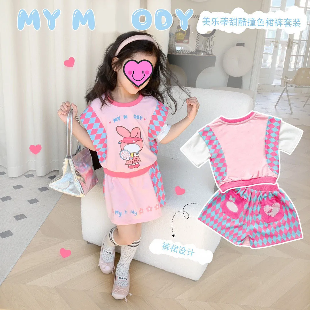 

Kawaii Sanrio Short Sleeved Dress Set Anime My Melody Printed Sweet T-Shirt Pantskirt Top Short Skirt Two Piece Set Kids Gift