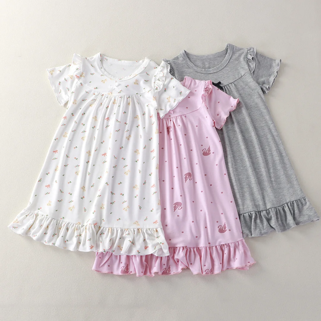 Modal Children Nightgown Dress Princess Ruffle Short Sleeves Kids Girls Sleep Dress Breathable Girls Homewear Dress For 1-10Y