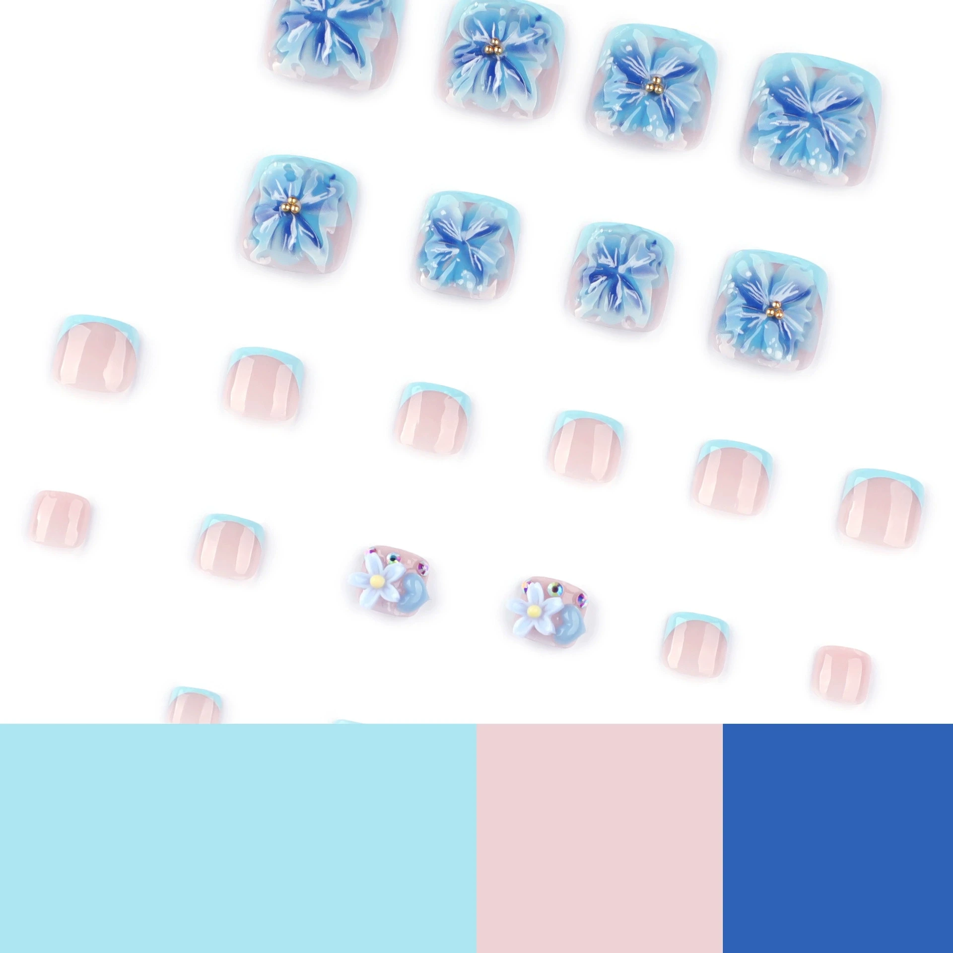 24 stks Ins Stijl Blauwe 3D Bloem Nep Teennagels Druk Op Nagels Verwijderbare Korte Franse Kunstnagels Flash Diamond Decor Voeten Nail Art