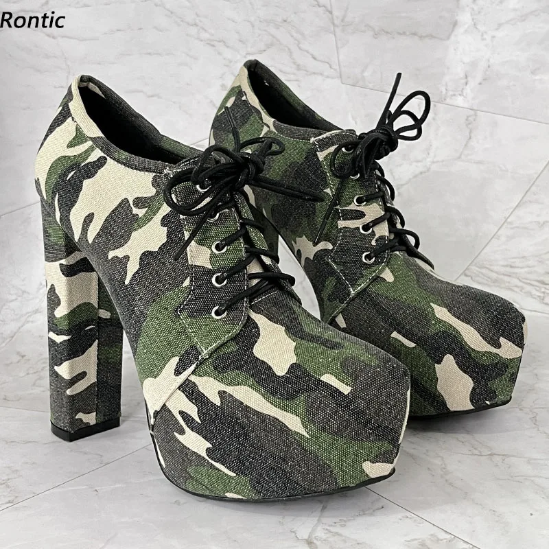 

Rontic New Handmade Women Pumps Platform Lace Up Chunky Heels Round Toe Beautiful Camouflage Party Cosplay Shoes US Size 5-20
