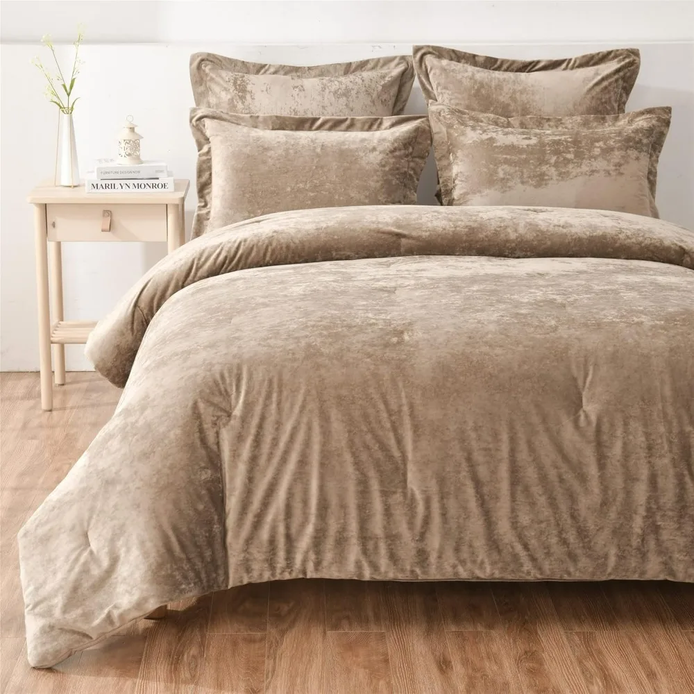 duvet cover,5 Pieces Khaki,Distressed Velvet Face and Brushed Microfiber Reverse,comforter sets