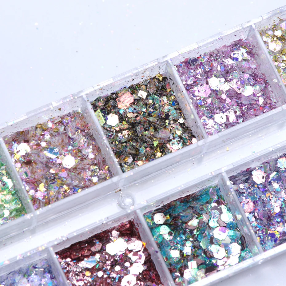 12 Grids Aurora Iridescent Mixed Hexagon Nail Glitter Sequins Holo Flakes Nail Art Powder Gel Polish Manicure Accessories