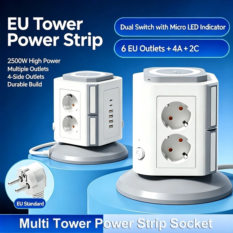 12-in-1 Multi-functional Vertical Socket with 15W Wireless Charger 6 AC Sockets + 4 USB-A Household Multi-Outlet Tower Power