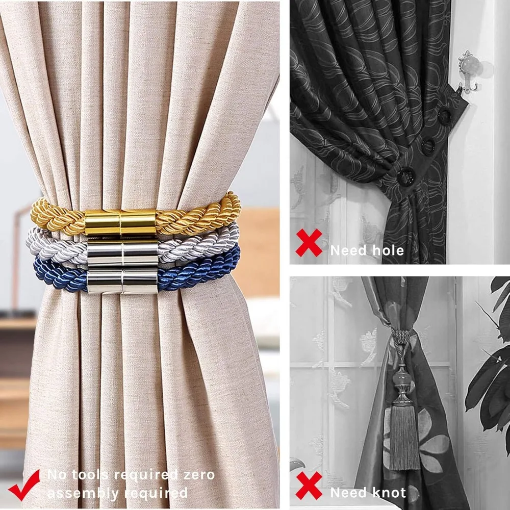 2-Pack Strong Magnetic Curtain Tiebacks – Modern Weave Rope, Black
