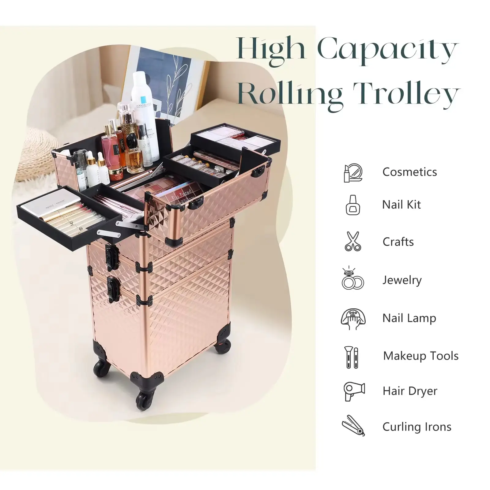 Maletín de maquillaje con ruedas, maletín de maquillaje con ruedas, maletín de maquillaje extra grande con 4 bandejas, carrito de maquillaje con ruedas y cierres, maletín de maquillaje portátil, carrito para herramientas de peluquería y manicura, carrito desmontable 3 en 1, maletín de maquillaje con ruedas, carrito de belleza.