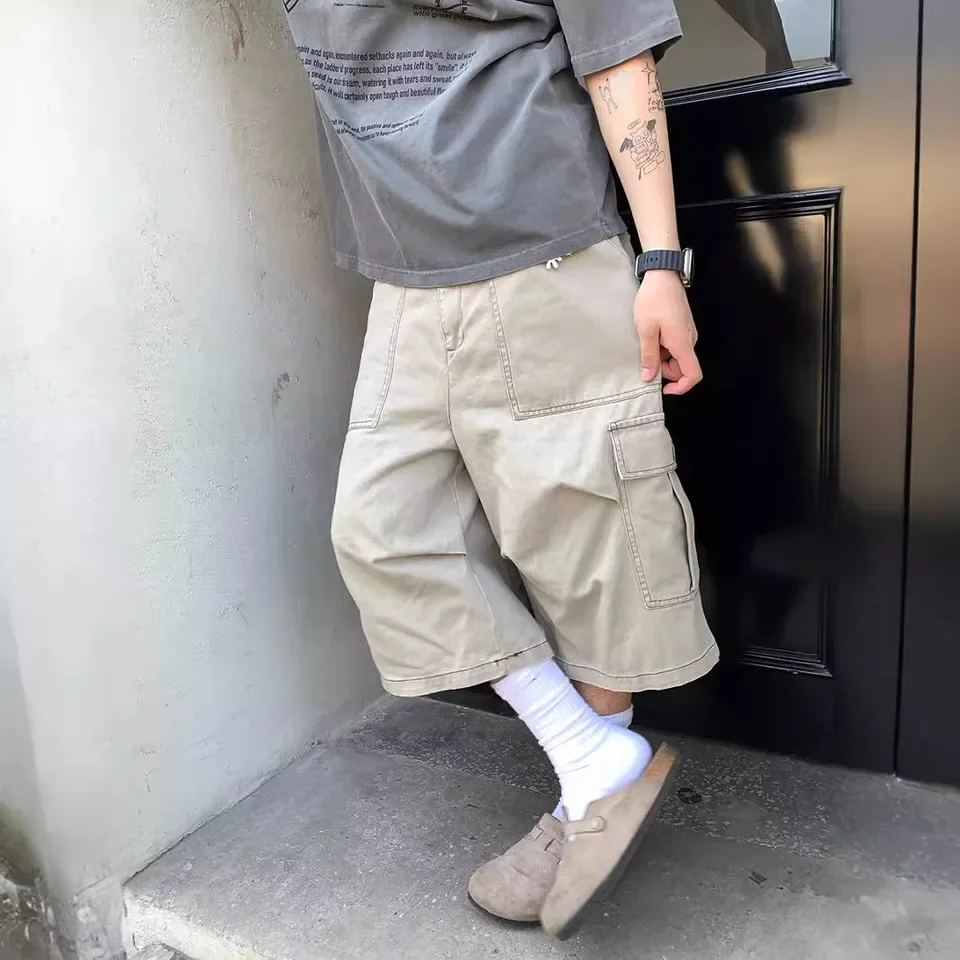 American Retro Solid Color Wide-leg Denim Cropped Pants Multi-pocket Overalls Washed Shorts Men's And Women's Trends