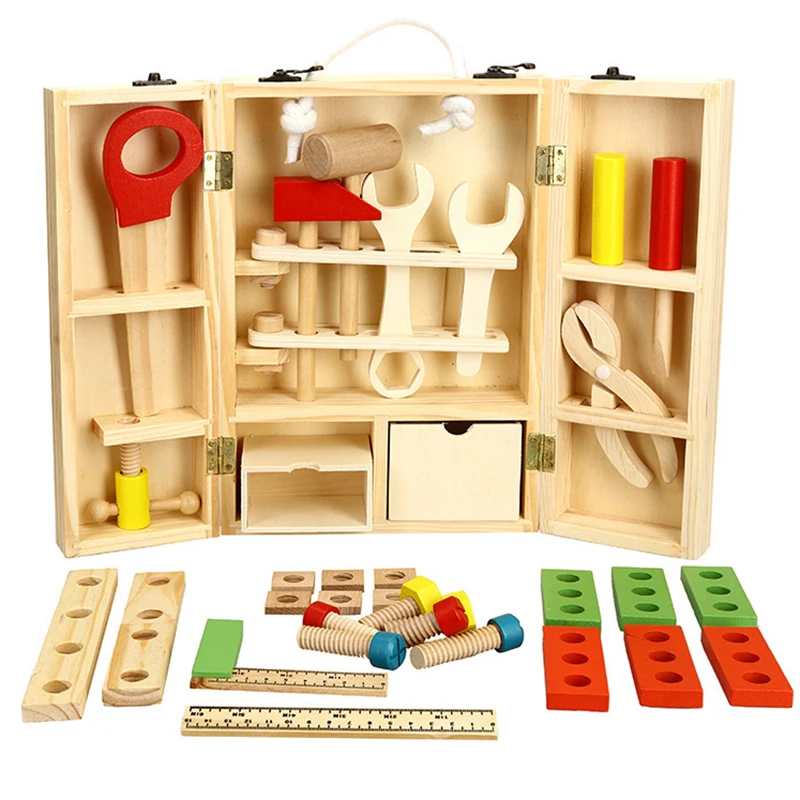 Juegos de herramientas portátiles de madera para niños, juguete educativo de aprendizaje, ensamblaje de tornillos, herramienta de mantenimiento de ingeniería de jardín, juguetes