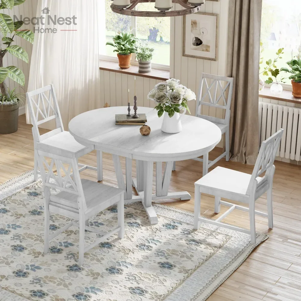 

TOPMAX Rustic 5-Piece Extendable Dining Table Set Round Trestle Table and 4 Cross Back Dining Chairs for Kitchen, Dining Room