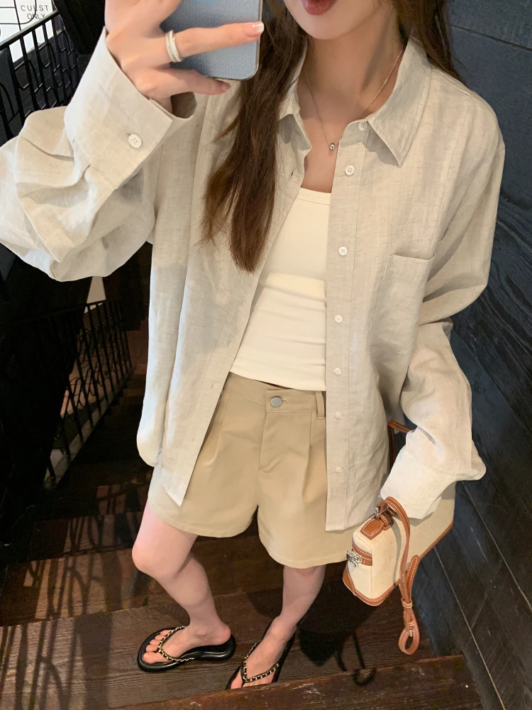 

A Summer Thin Loose Casual Cotton Linen Long Sve irt Women's Sun Protection Lazy irt Korean Sle Commute Wind