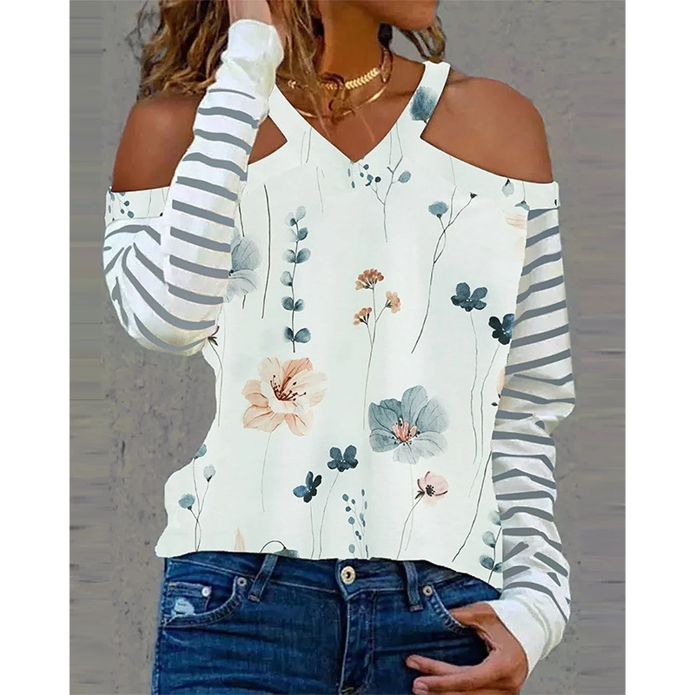 

2025 Autumn Spring Women Cold Shoulder Striped Print Long Sleeve Top Femme Casual Floral Print V Neck T-Shirts White Tops Daily