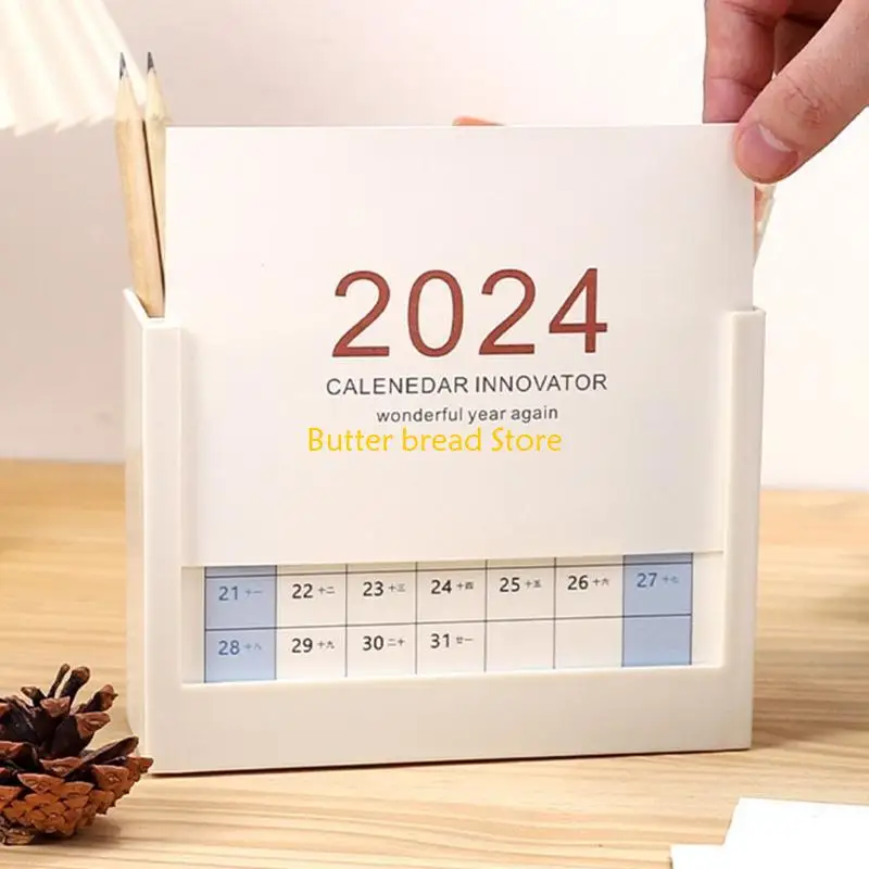 W89C Desktop Organiser Pencil Holder with 2024 Monthly Calendar, 2 Compartments