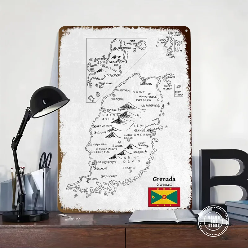 Handdrawn Grenada Map 3D Texture Printed Poster Custom Vintage Metal Tin Plate Sign for Wall Art Modern Home Decoration Room