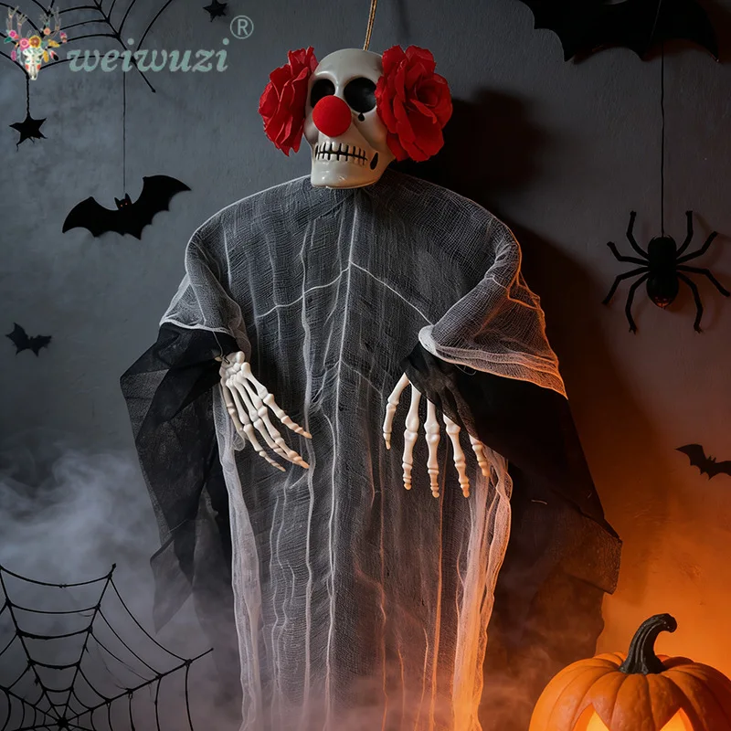 Halloween Costume Props Hanging Clown Ghost Prop Cosplay Costume with Red Eyes and Red Flower for Haunted House Spooky Scene