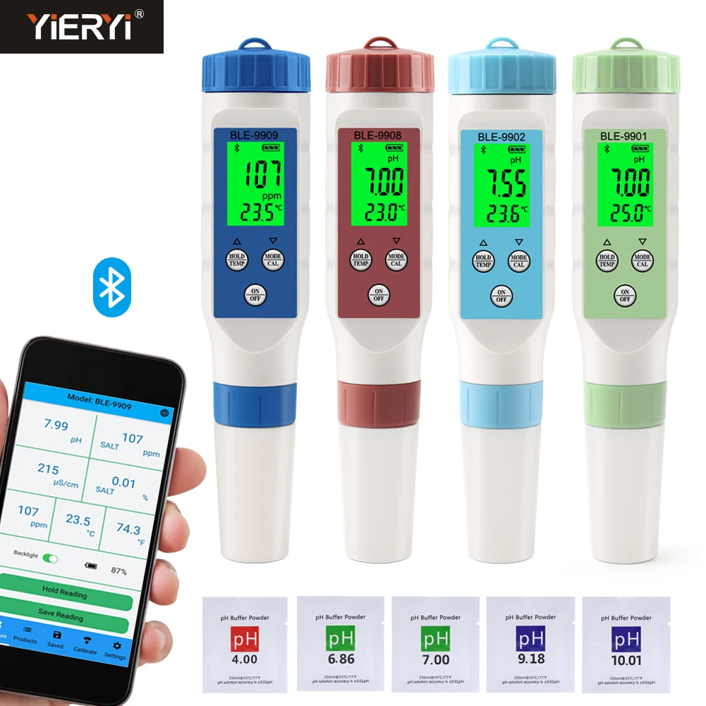 BlueTooth PH EC TDS TEMP Salinity Meter Digital Drinking Water Quality Tester Smart Online Monitor APP Control for Aquarium Pool