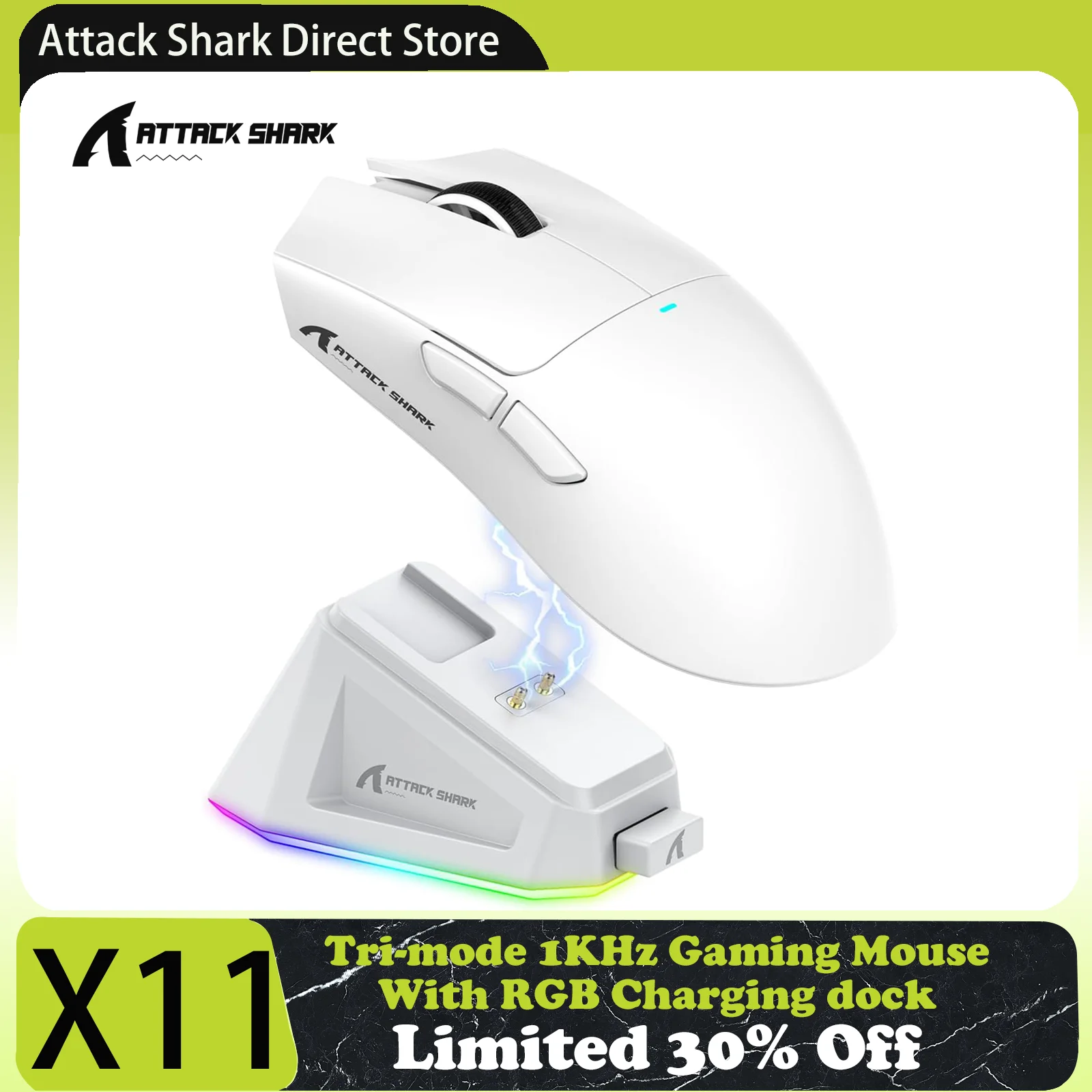 Attack Shark X11 Rato para jogos de modo triplo com base de carregamento magnético, sensor PixArt PAW3311, 22K DPI, BT/2,4 Ghz/com fios, para PC/MAC