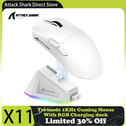 Attack Shark X11 Rato para jogos de modo triplo com base de carregamento magnético, sensor PixArt PAW3311, 22K DPI, BT/2,4 Ghz/com fios, para PC/MAC