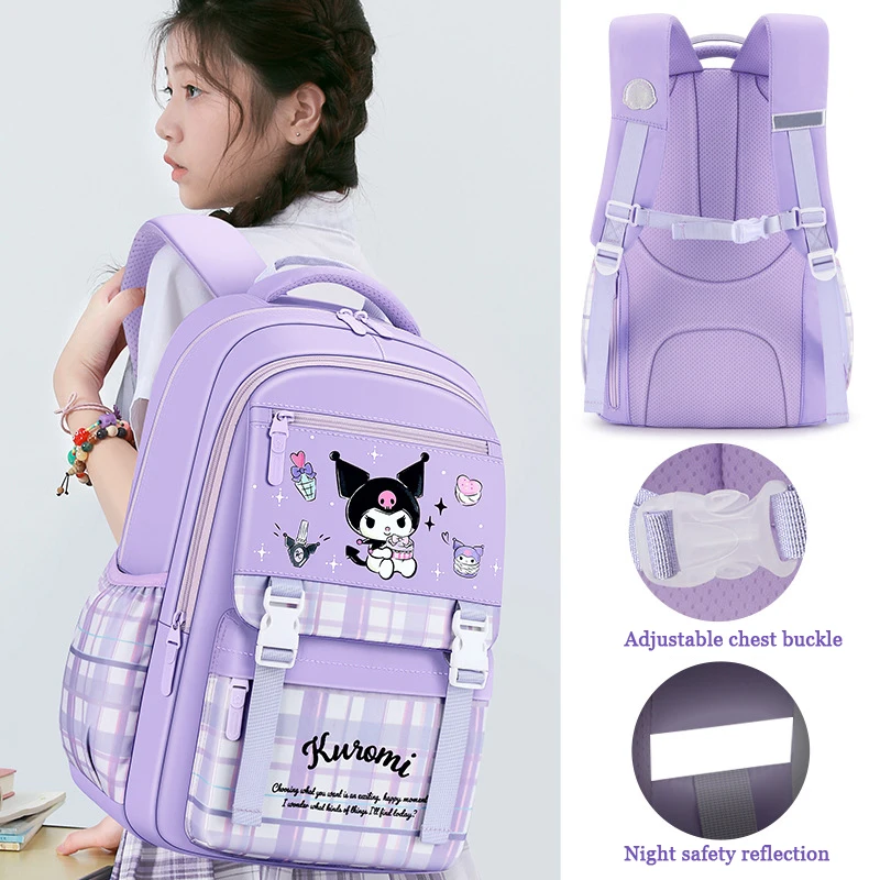 Miniso New Kuromi Girl Cartoon Schoolbag Elementary Student Grade3-6 LargeCapacity Backpack Schoolgirl School Bag Pupil kid Gift