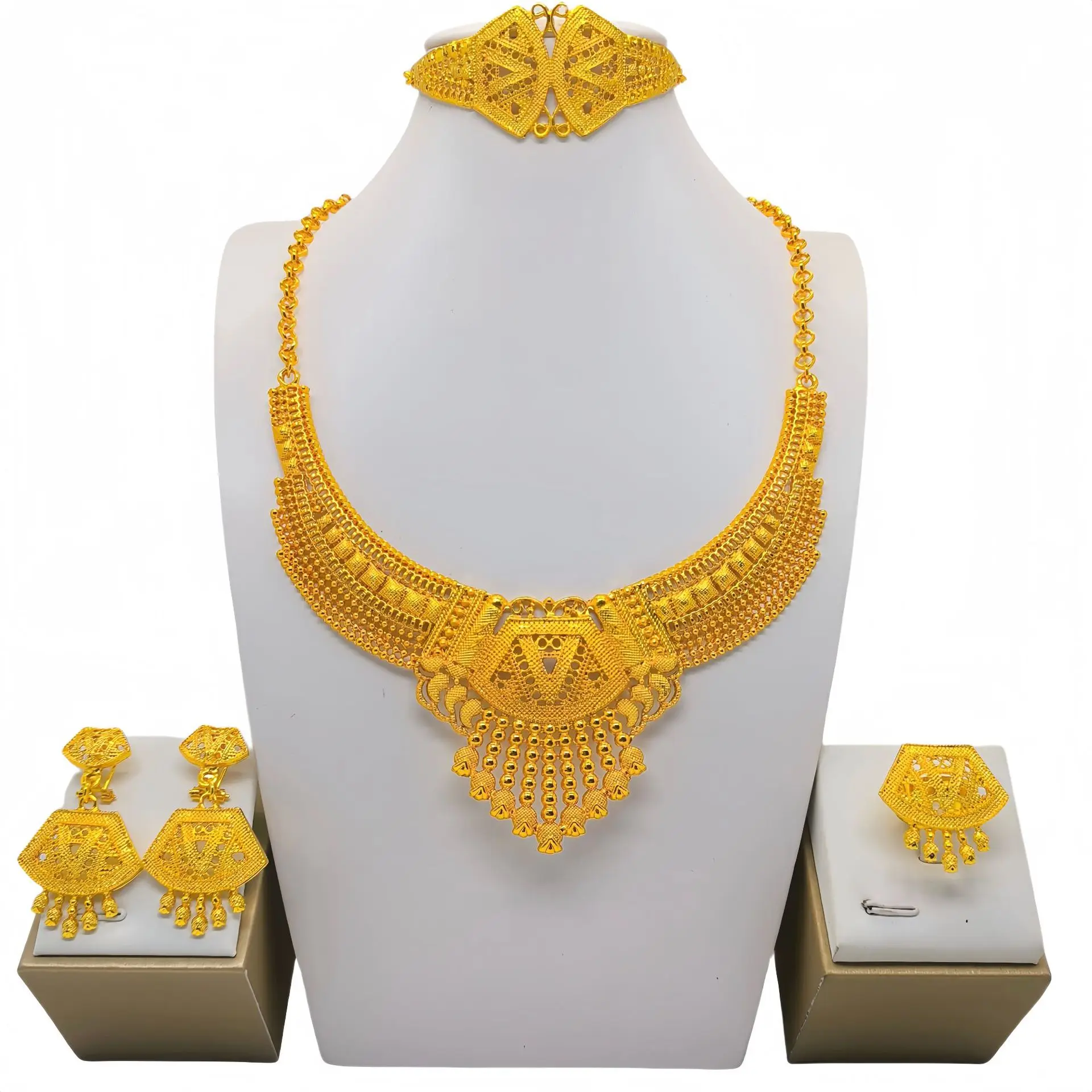 24K Gold Plated Bridal Jewelry Set Trendy Banquet Fashion Accessories - Necklace Earrings Ring Bracelet Combo Gift for Brides