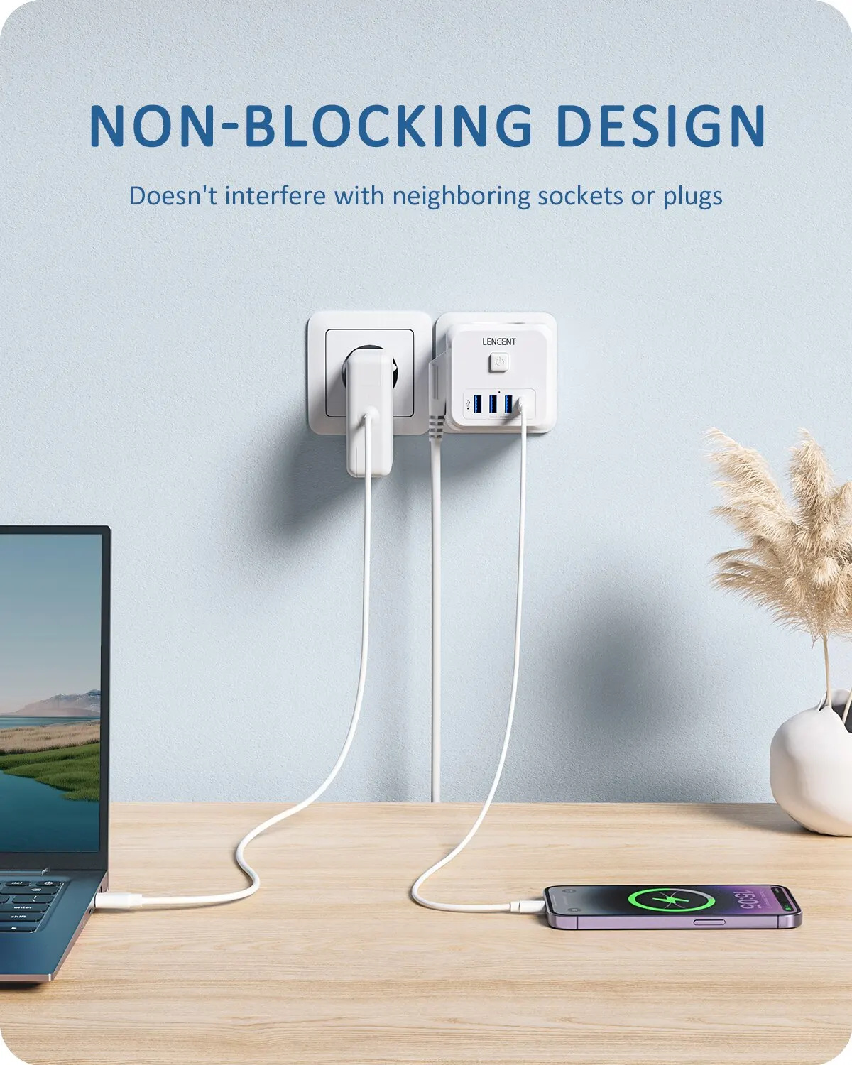 Przedłużacz ścienny LENCENT z 3 gniazdkami AC 3 porty USB And1 typ C 7-in-1 EU Plug Charger On/Off Switch dla domu