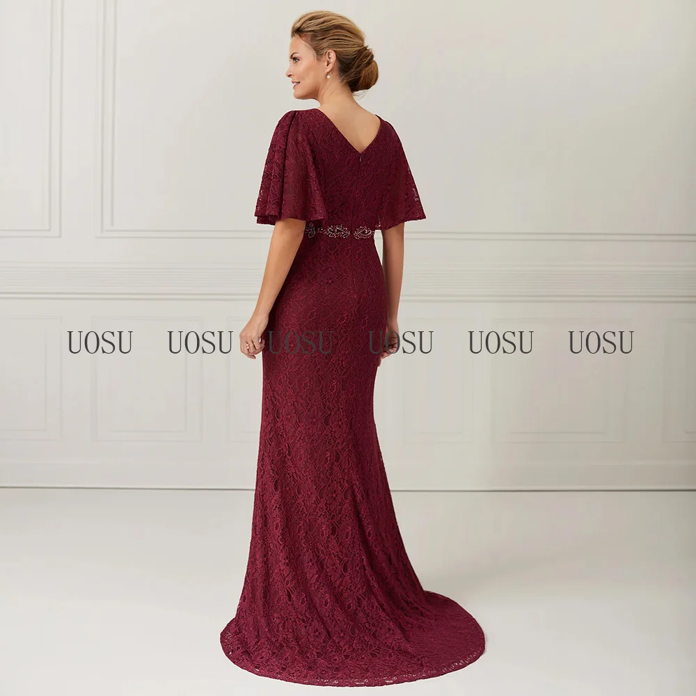 2023 Burgundy Lace Mother of The Bridal Dress Mermaid V Neck Slit Women Formal Evening Gown for Wedding Party Vestido de Mad